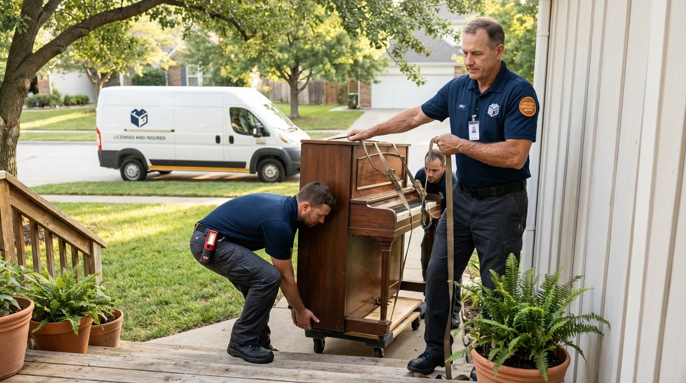 Licensed piano movers securing grand piano in Dewart, PA