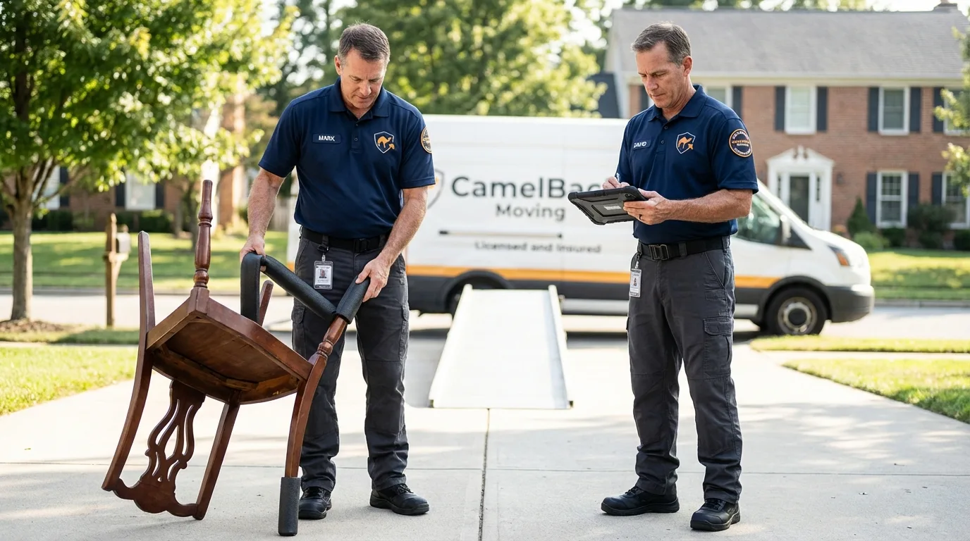 Movers inspecting furniture for damage prevention before loading in Dewart, PA