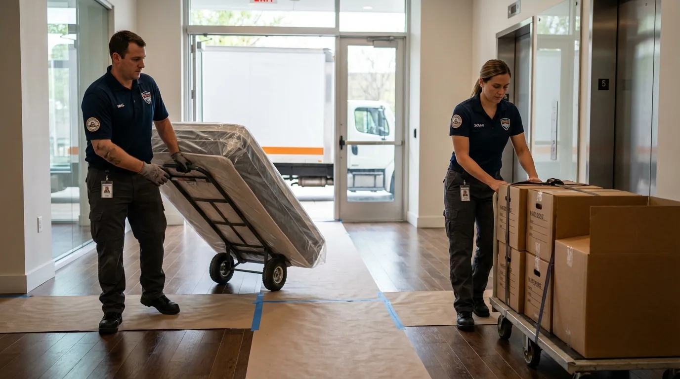Professional apartment movers loading elevator in Dewart, PA